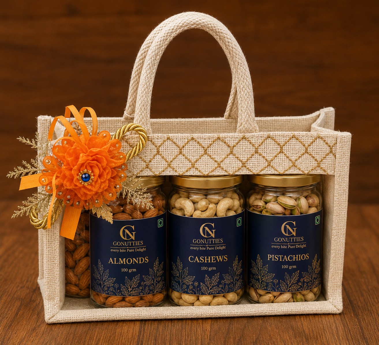 GONUTTIES Premium 3-Jar Gift Bag - Almonds, Cashews, Pistachios in a jute bag